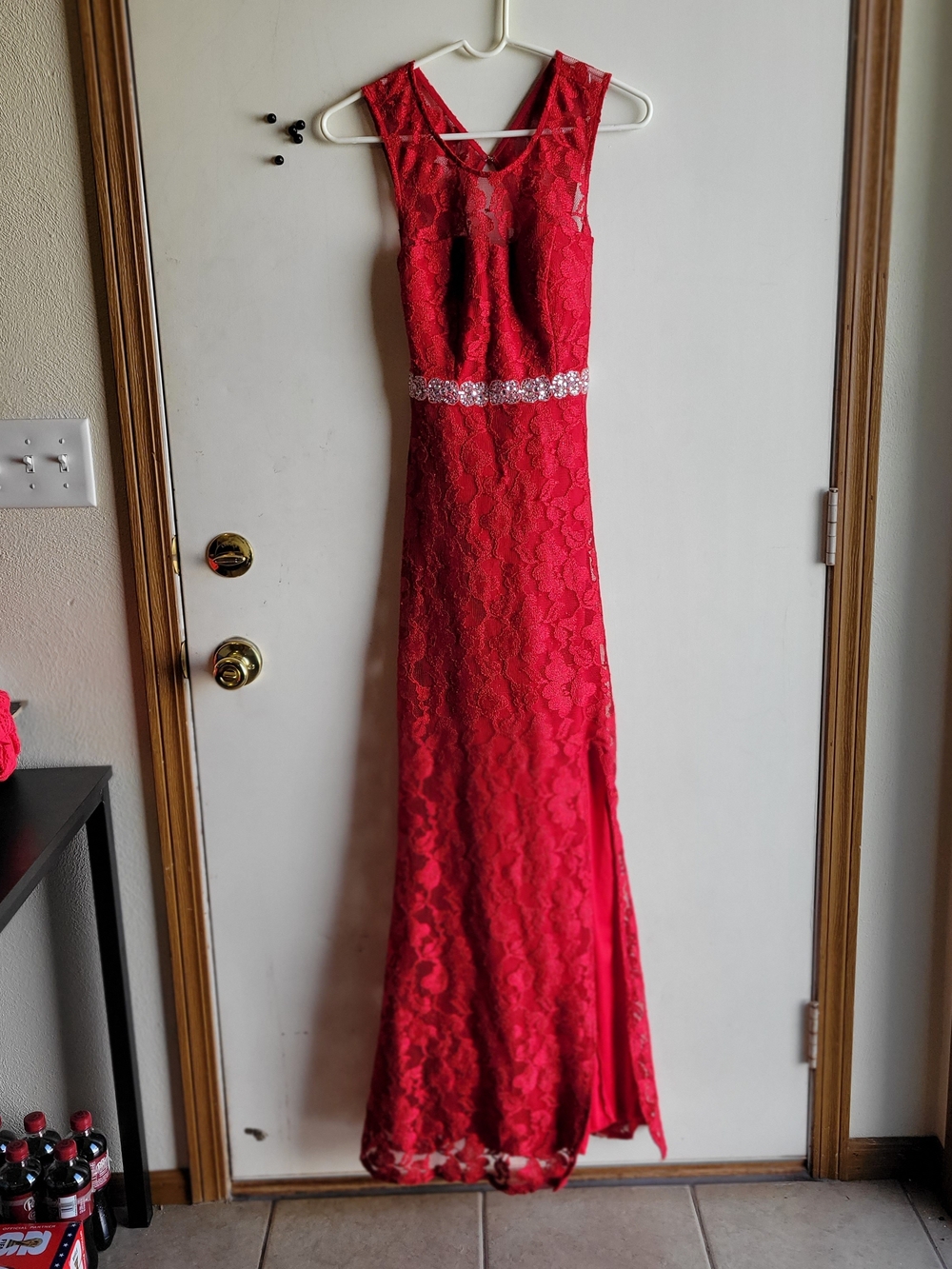 City Studio Red Lace Evening Gown with Crystal Waistband